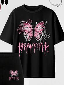 SHEIN 女士休闲时尚创意可爱粉色蝴蝶结字母图案印花短袖上衣和骑行短裤套装，秋季 - 彩色 - 查看 5