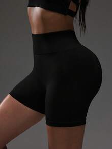 SHEIN Sports 女士高腰无缝运动短裤，适合日常健身 - 黑色 - 查看 5