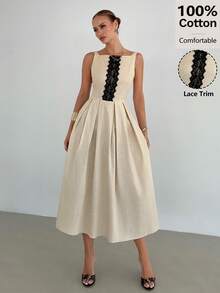 Siren Gaze Damen Farbblock Spitze Leinen Midi Kleid, Quadratischer Ausschnitt Rückenfreies Kleid, Lässiges Sommerkleid, Elegantes Sommerabendkleid, Baumwollkleid - Aprikosenfarben - Übersicht 6