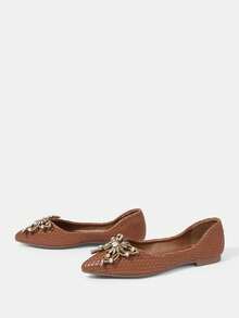 CUCCOO HITCHD Pointed Flat Bottom Comfortable And Fashionable Versatile Fairy Rhinestone Butterfly Flower Boy Soft Sole Brown Low Vamp Flat Shoes - Brown - View 3