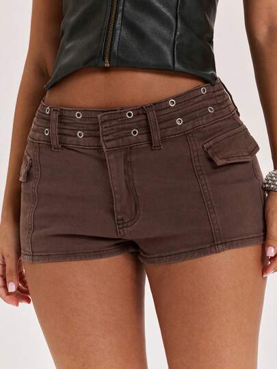 SHEIN BAE Quần short siêu ngắn màu nâu bạc màu, họa tiết kim loại bạc màu, quần short denim nâu, quần short cạp thấp, quần short dự lễ hội âm nhạc, quần short dự tiệc, quần short denim đường phố, quần short denim thường ngày, quần short denim phong cách Y2K
