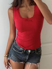 DAZY Orange Casual Contrast Lace Bow Sleeveless Top For Women, Summer - Red - View 2