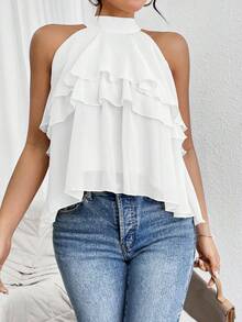 Firerie Women's Solid Color Ruffle Neck Casual Versatile Daily Wear Blouse,Summer Top - White - View 6