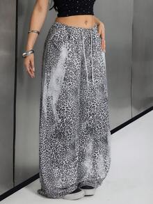 SHEIN 女士休闲轻薄豹纹直筒阔腿牛仔裤，春夏百搭 - 彩色 - 查看 4