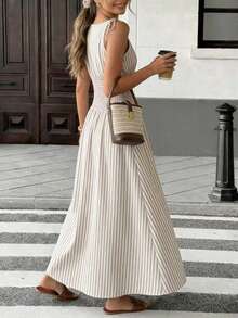 Pariaura 2026新款棕色格子长裙，蝴蝶结肩带，荷叶边收腰设计，休闲通勤简约风，适合度假日常穿着。 - 彩色 - 查看 2