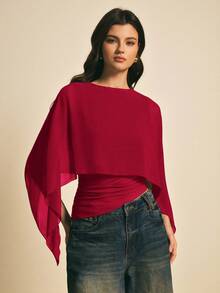 Poéselle Áo nữ cổ tròn màu trơn kiểu khăn choàng thời trang - Màu Hoa hồng đỏ - Xem 4