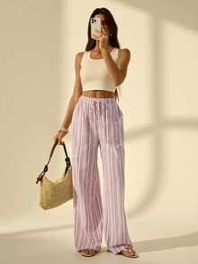 SHEIN Tall 女士假日休闲条纹阔腿裤 粉色条纹裤 - 彩色 - 查看 3