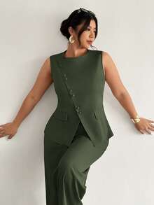 Firerie 女士优雅通勤日常百搭街头时尚新款不对称翻领纽扣腰部无袖西装背心和高腰裤卡其灰色两件套西装，秋冬款 - 綠色 - 查看 3