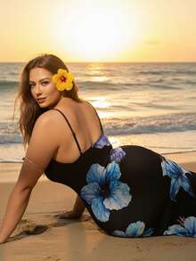 Auralis Sommerurlaub Spaghetti-Träger Bodycon sexy blaue Hibiskus Blume Muster Zufallsdruck Damen Große Größen Kleid, geeignet für Sommer, Urlaub, Strand, Musikfestival/Valentinstag/eleganter Nachmittagstee/Date - Verschiedenfarbig - Übersicht 1