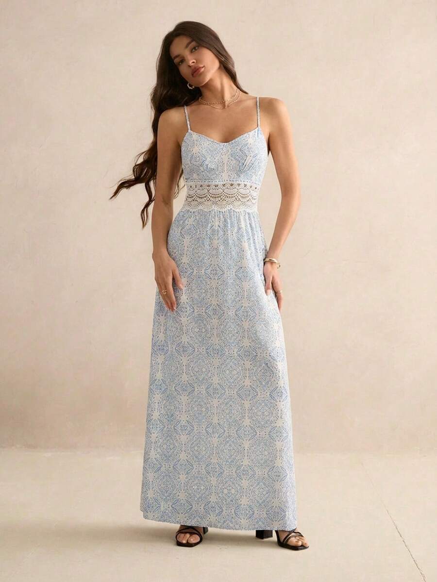 SHEIN Tall Đầm hai dây phối ren in hoa cho nữ, trang phục đi nghỉ mát, trang phục du lịch cho nữ, đầm hè cho kỳ nghỉ, trang phục đi biển, quần áo đi nghỉ mát nhiệt đới cho nữ, trang phục mùa hè cho nữ, đầm hè, mặc hàng ngày, đầm hở lưng, đầm maxi, đầm hoa, nữ, thích hợp cho tiệc tùng, hẹn hò, trà chiều, trang phục mùa hè, kỳ nghỉ biển, lễ hội âm nhạc.