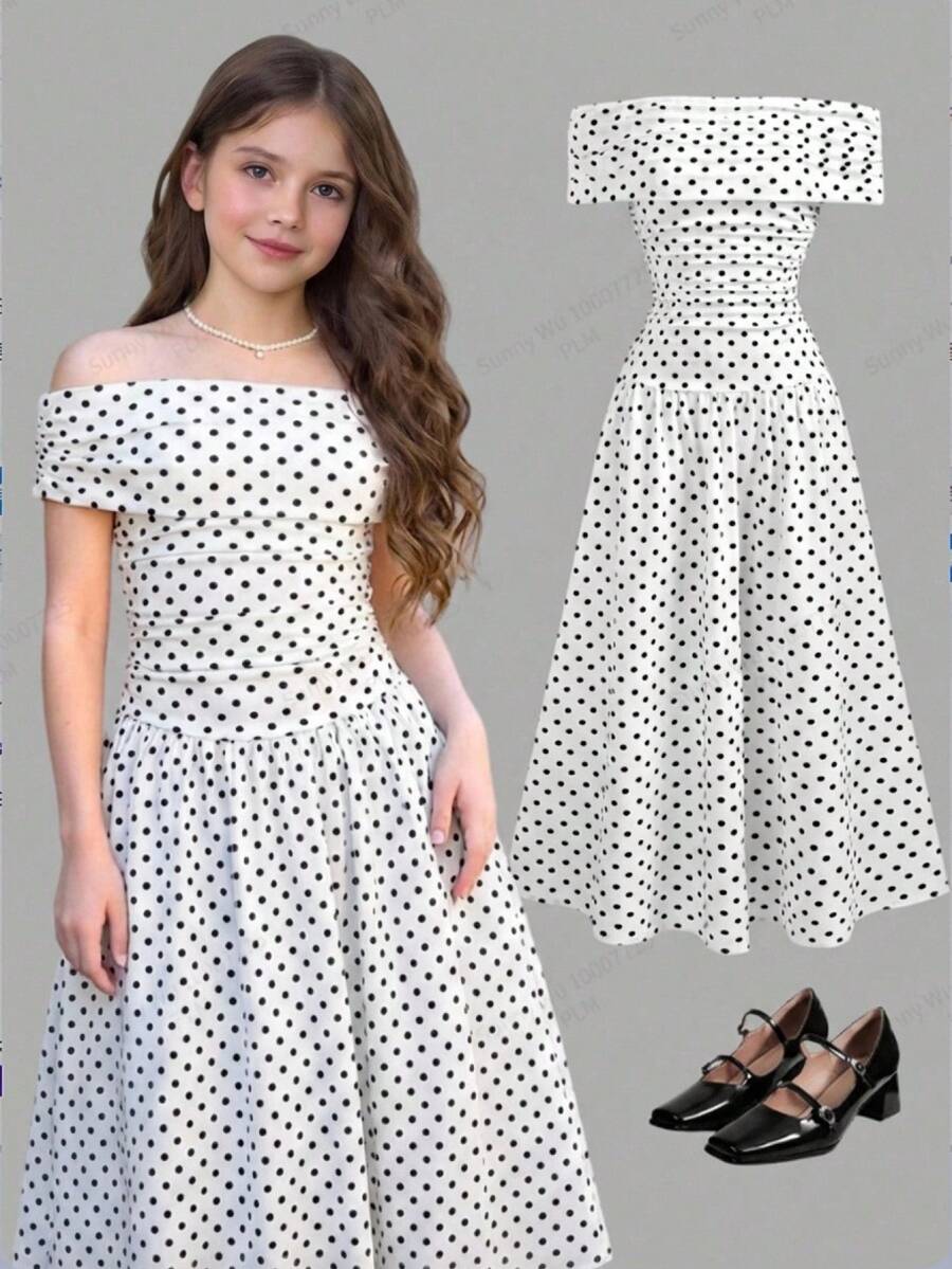 Girlism 少女黑白波点露肩褶皱连衣裙，复古优雅派对礼服，节日长裙 - 白色 - 查看 1