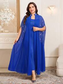 SHEIN Clasi Plus Size Rhinestone Embellished Robe & Dress 2 Pieces Set - Royal Blue - View 4
