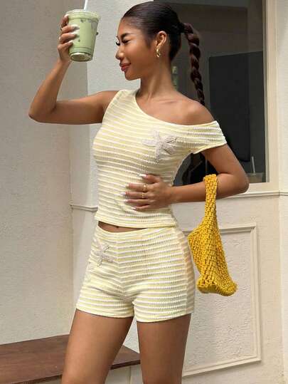 Muchica Yellow Asymmetric Collar Applique Short Sleeve Top And Shorts Casual Bodycon Set, Beach Outfit For Women,Going Out ,Vacation Outfits Women