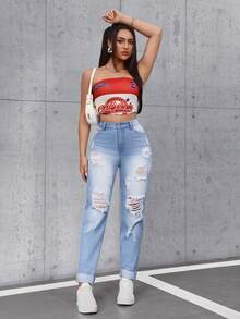 SHEIN Tall 女士高腰口袋做旧锥形休闲牛仔裤 - 淺色水洗藍 - 查看 5