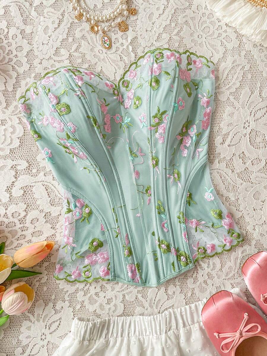 Soleia 女士时尚法式浪漫刺绣抹胸上衣 - 彩色 - 查看 1