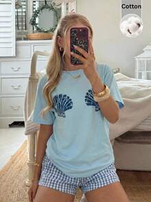 CovetEZ Bộ 2 món áo thun in hình vỏ sò và quần short kẻ caro dành cho nữ. - Màu xanh lam - Xem 3