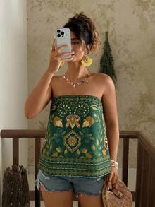 SHEIN TRVLCHIC 大码女式夏季印花抹胸上衣 - 綠色 - 查看 3