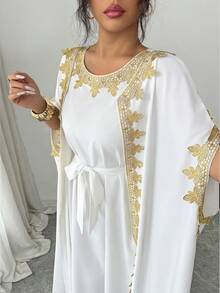 SHEIN Elenzya Damen ärmelloses, offenes, vorderes, goldenes Spitzen-Splice-Manschetten-Langstrickjacke & figurbetontes Maxikleid 2-teiliges Set, elegant für Partys - Weiss - Übersicht 6