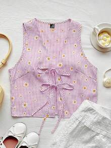 SHEIN EZwear 女士夏季休闲沙滩度假印花V领系带无袖上衣 - 淡紫色 - 查看 5