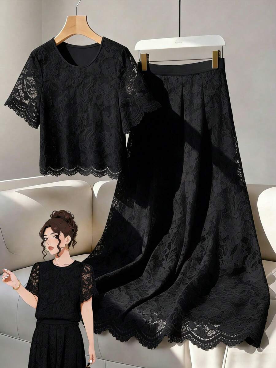 GlowEve CURVE 加大码白色针织蕾丝圆领短袖上衣，搭配松紧腰褶裥喇叭裙两件套，优雅百搭，适合派对、日常、休闲、度假等场合。 - 黑色 - 查看 1