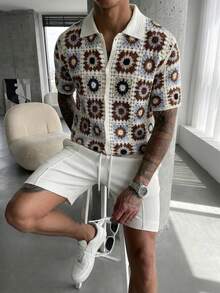 Manfinity Homme Men's Floral Pattern Lapel Single-Breasted Casual Versatile Daily Wear Short Sleeve Cardigan - Beige - View 3