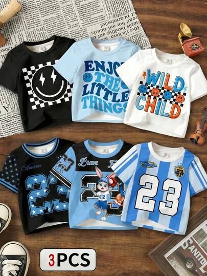 SHEIN Bộ 3 món áo thun ngắn tay cổ tròn phong cách Y2K tối giản thường ngày cho bé trai, in chữ và số 23 kiểu Anh, thể thao retro Mỹ, phối màu, thoải mái, thích hợp cho mùa xuân/hè.
