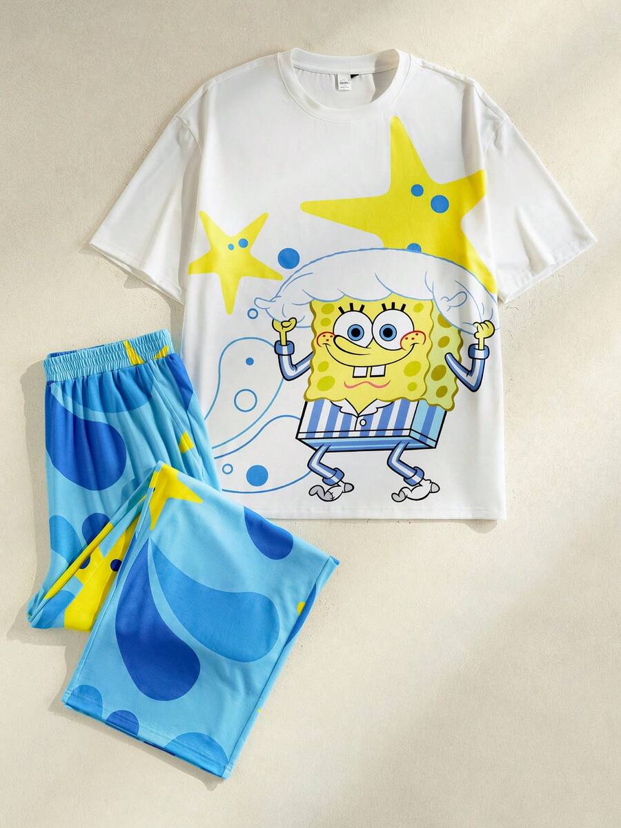 SpongeBob SquarePants | SHEIN 男士圆领短袖T恤和裤子睡衣套装 - 淺藍色 - 查看 1