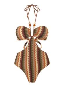 Bonvoyette 春夏针织提花无钢圈挂脖高衩连体泳衣，优雅沙滩度假泳装 - 咖啡棕 - 查看 2