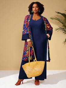BrightlyHer Plus Size Women's Boho Floral Print Kimono Jacket & Navy Blue Jumpsuit With Pockets,2 Pieces Set For Autumn Vacation,Holiday & Early Spring Outfits - Multicolor - View 7
