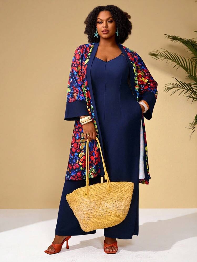 Plus Size Women's Early Spring Casual Vacation Colorful Floral Print Kimono Jacket And Navy Blue Jumpsuit With Pockets, 2 Piece Set,Flower Print Set,Early Spring,Spring Break Outfits ,Vacation Outfits Women ,Holiday Outfits For Women,Spring Clothes Women,Going Out Outfits,2026 New Clothes,Simple And Fashionable For Everyday Wear, Plus Size Matching Sets, Plus Size Pant Suit