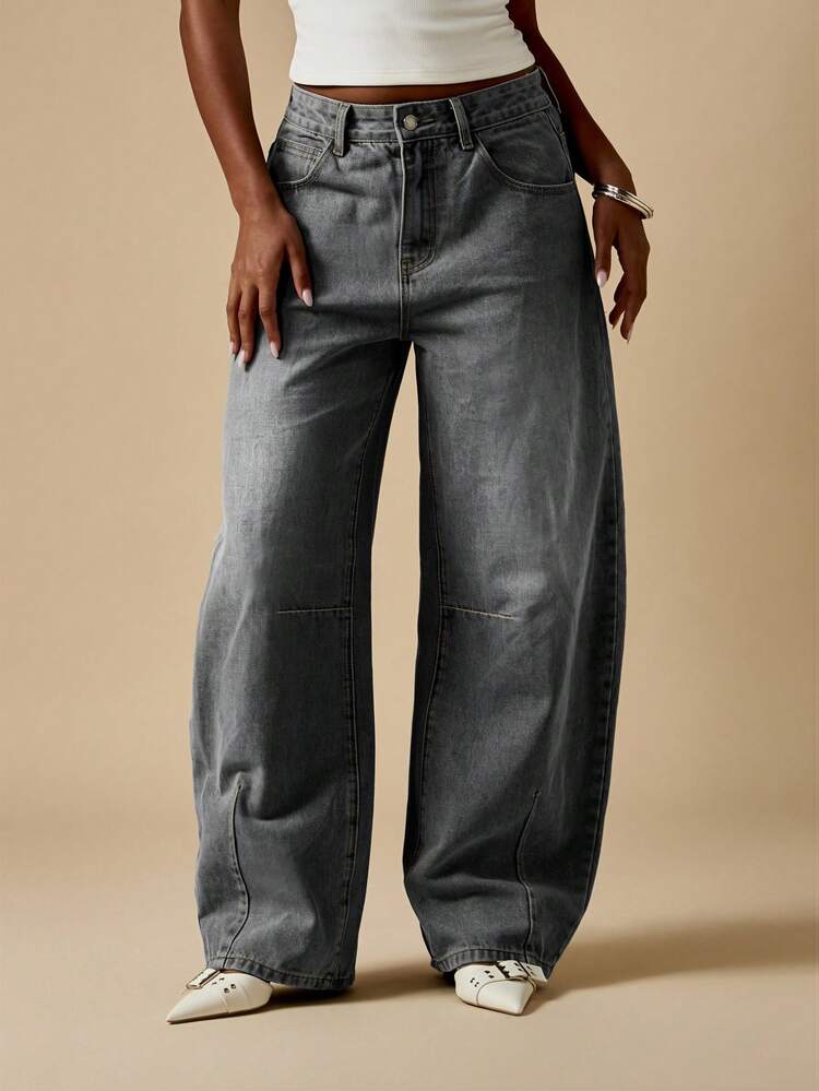 MISSGUIDED Washed Denim Wide Leg Barrel Jeans High Waisted Relaxed Fit Vintage Style Casual Pants For Fall Winter