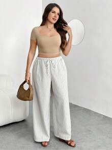 Enliva Pantalon ample et décontracté à rayures et jambes larges pour femmes en surpoids, pour les formes en pomme et arrondies - Nude - Voir 8