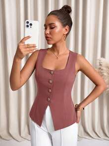 Lavishia Women's Elegant Square Neck Front Button Waist Vest, Summer - Dusty Pink - View 6