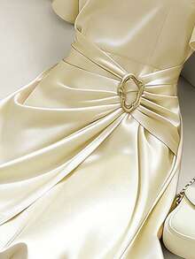 Franclia 女士优雅连衣裙，闪亮缎面金属装饰连衣裙，喇叭袖连衣裙，圆领连衣裙，春夏连衣裙 - 淡黃色 - 查看 4