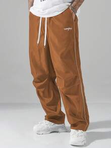 Manfinity Hypemode 男士字母印花抽绳腰休闲百搭日常裤 - 棕色 - 查看 7