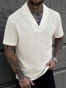 Manfinity Homme Men's Textured Collar Polo Shirt, Casual Daily Lightweight Minimalist Short Sleeve Waffle Shirt Men T Shirt For Men Polo/Mens Lightweight Knit Polo Shirt Cream Textured Fabric Short Sleeve V Neck Collar For Effortless Style - Beige - View 4