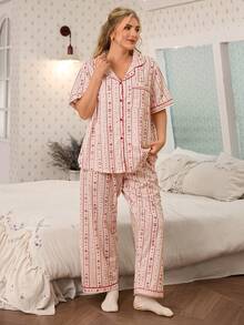 CottageSlumber Romantic Ditsy Floral Plus Size Short Sleeve Pajama Set With Collar - Multicolor - View 7