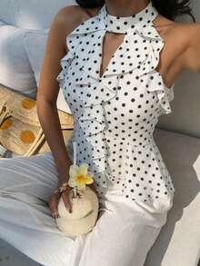 Aloruh Women's Retro Polka Dot Bohemian Ruffle Trim Fitted Tank Top - White - View 1