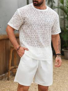 VENTUSAIL Conjunto casual masculino de camiseta de manga curta com gola redonda e textura floral, ideal para as festas de fim de ano. - Branco - Ver 1