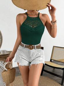 INAWLY 休闲度假修身华夫格蕾丝拼接系带吊带背心 - 墨綠色 - 查看 3