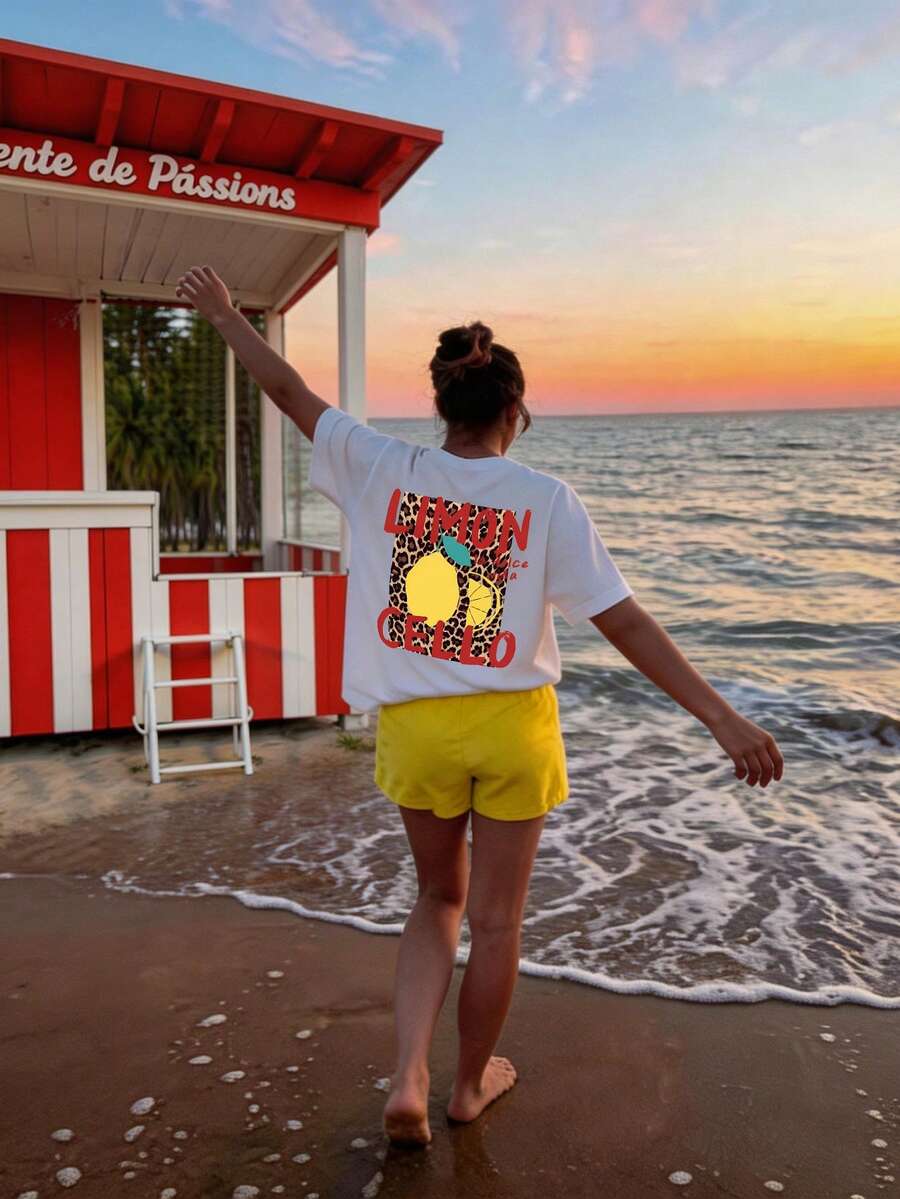 DrmWander Áo thun nữ, áo thun tay ngắn in họa tiết phong cách đường phố thường ngày, áo mùa hè dễ thương. - trắng - Xem 1