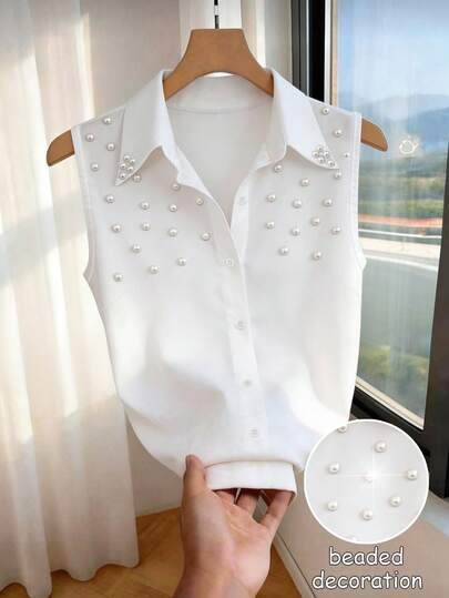 Airaco Elegant Fitted Collar Studded Sleeveless Casual/Work Shirt For Women