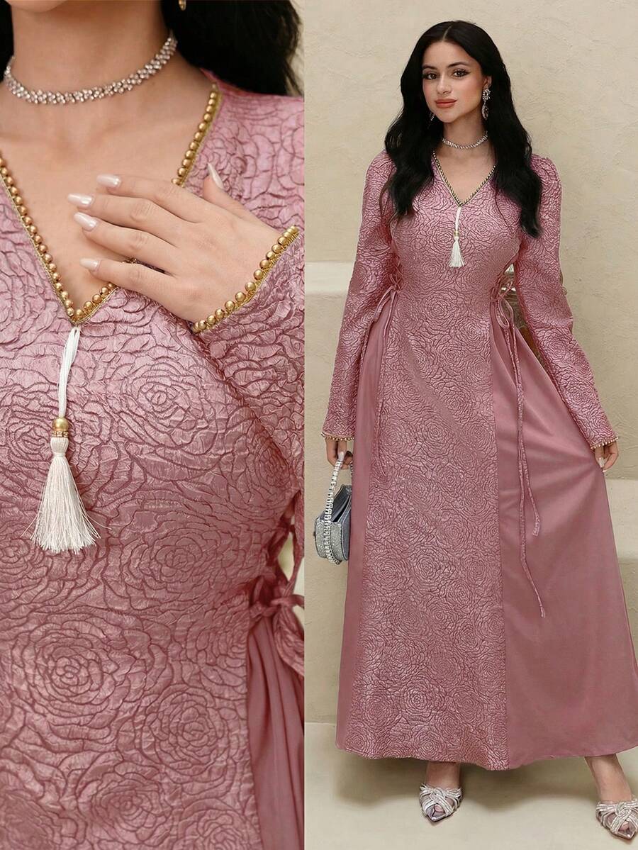 Yasmyna Đầm dạ hội và nghỉ lễ cao cấp thiết kế mới, cổ chữ V, thắt eo bằng tua rua.