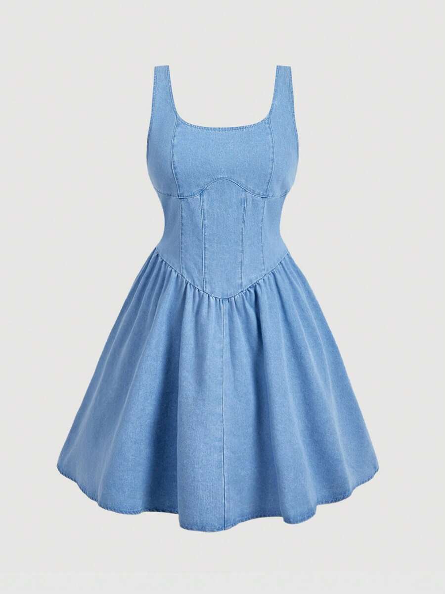 Sweetra Women's Short Denim Dress, Vintage Spaghetti Strap Casual Blue Dress Plus Size Spring&Summer - Light Wash - View 1