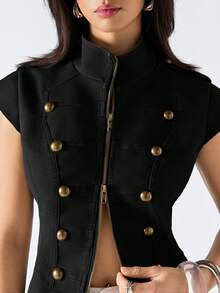 LYSMO 2026 New Minimalist Spring/Summer Vintage Stand Collar Jacket, Suitable For Commuting - Black - View 9