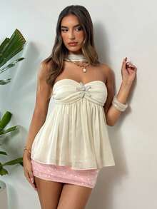 Aloruh Women's Elegant Sexy Halter Backless Camisole Top With Starfish Decor, White Color Golf Summer - Apricot - View 5