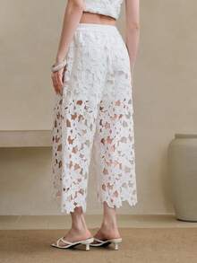 Arave Women's A-Line High Waist Hollow Embroidered Floral Flare Pants, Asymmetrical Design For Daily Commute - White - View 6