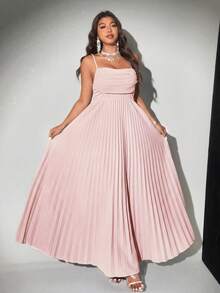 Viva Relle Plus Size Elegant Blue A-Line Flare Dress With Plunging Neckline - Pink - View 2