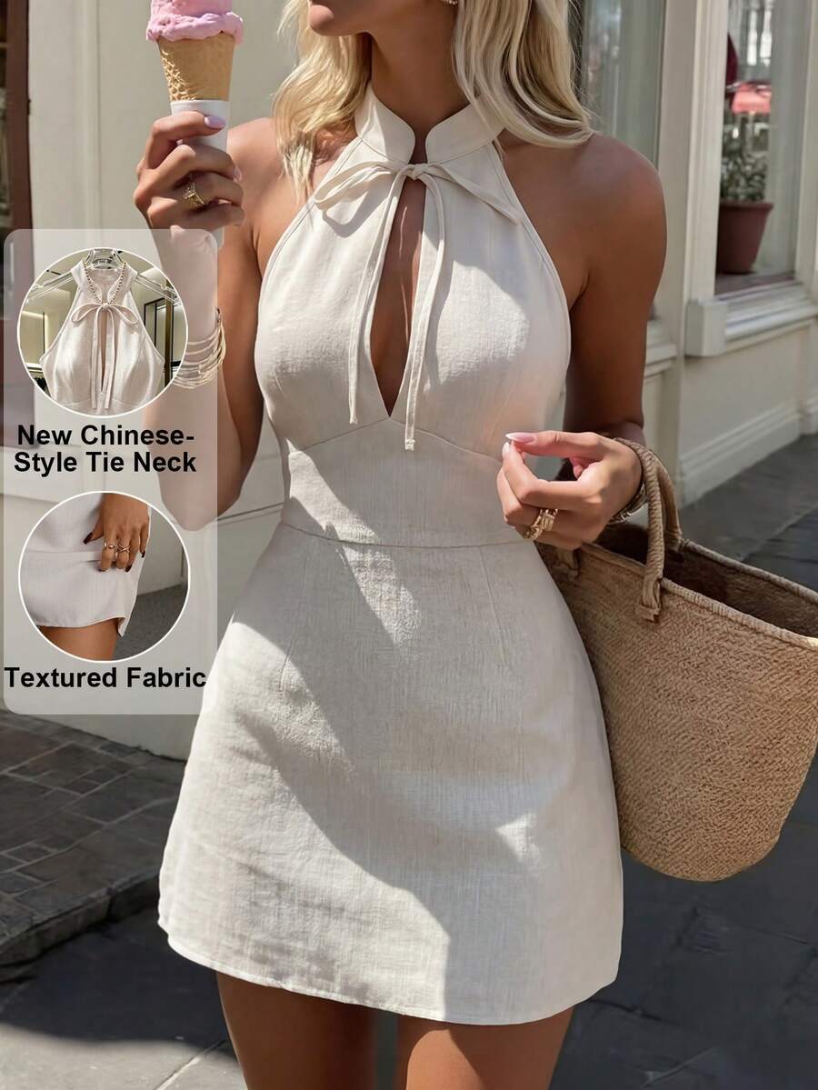 Pariaura Đầm ngắn mùa hè cho nữ, không tay, buộc dây, kiểu yếm, xếp ly, thích hợp cho các buổi hẹn hò, tụ họp, tiệc tùng và mặc hàng ngày thanh lịch. - Màu be - Xem 1