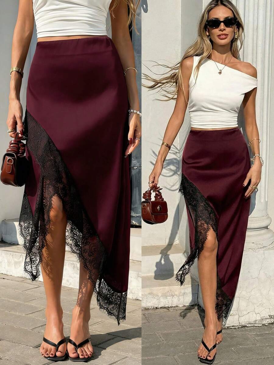 High Waist Slimming Acetate Lace Split Hem Skirt, Elegant For Going Out And Commuting - Burgundy - View 1